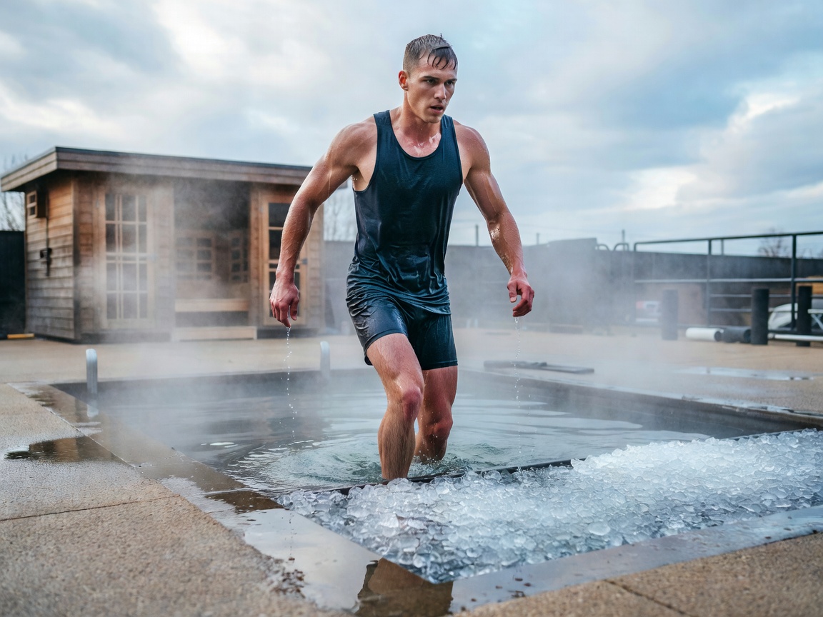 Athlete using cold contrast hydrotherapy plunge for rapid recovery