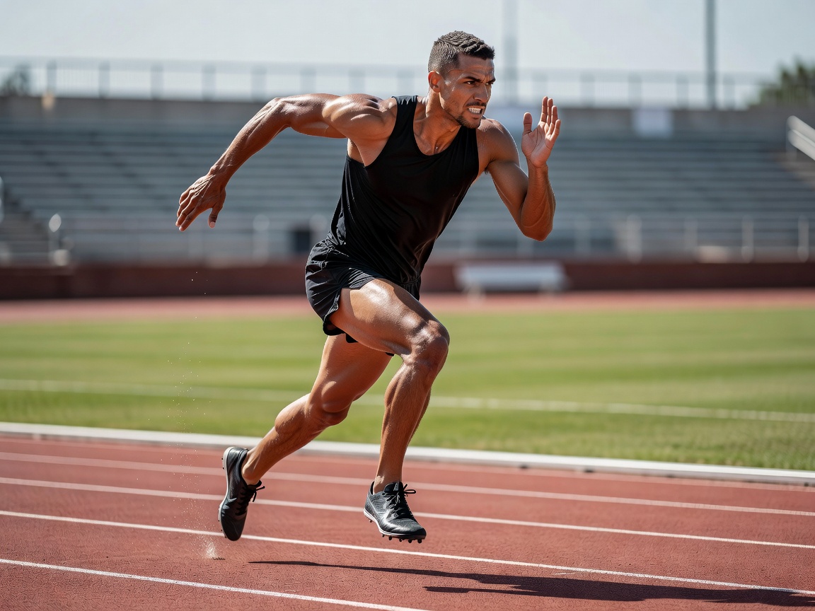 Runner tracking heart rate and VO2 max biometrics during track interval sprint
