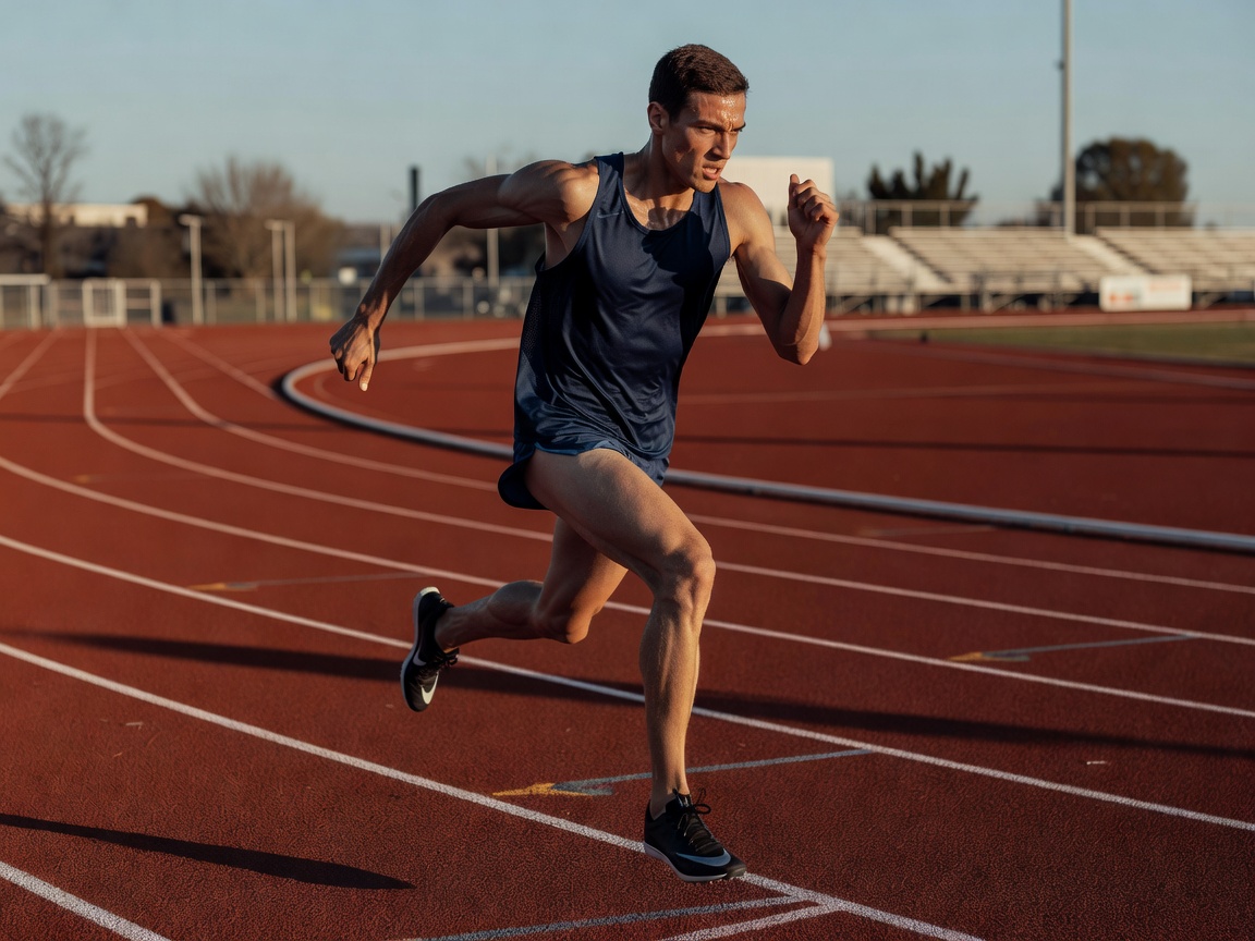 Athletic male track runner performing VO2 max high intensity interval sprint
