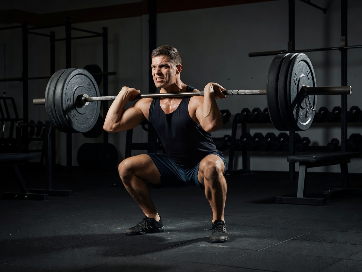 Male athlete performing heavy squat protocol in high contrast gym environment
